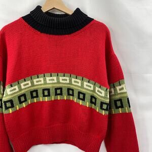 Vintage Hand knit red pattern turtleneck sweater